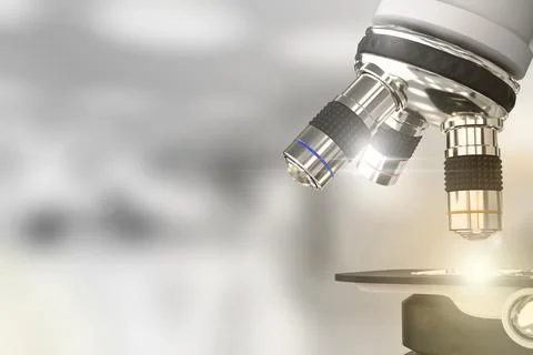Covid-19 discovery concept, microscope with flare on bokeh background Illustrazione stock