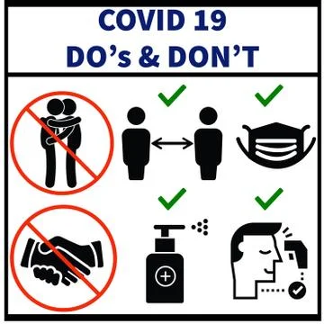 COVID 19 do's and don'ts, No hand shake, no huging, Sanitizer, Temperature c Stock Illustration