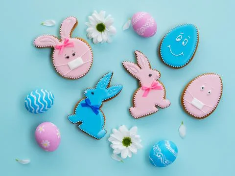 Covid-19 easter festive pattern bunny egg flowers Stock Photos