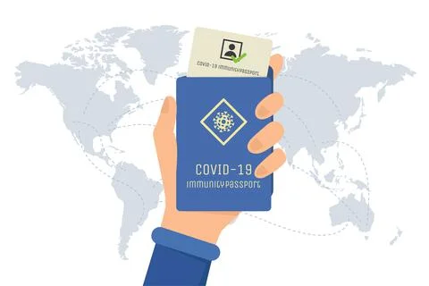 Covid-19 immunity passport vector flat illustration. Hand holding passport with Stock Illustration