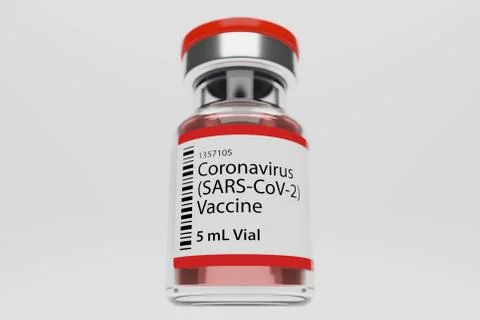 COVID-19 Individual vaccine vial with red plastic cap and label 3D Rendering Stock Illustration