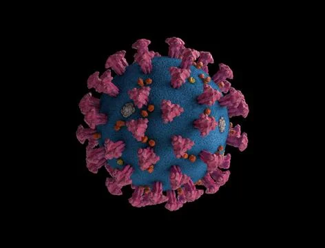 COVID-19 Lambda virus cells in black background Stock Illustration
