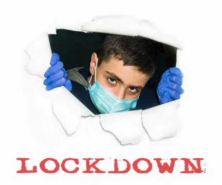 Covid 19 Lockdown end,  kid coming out from warp paper Stock Photos