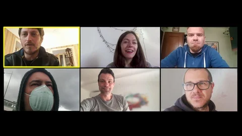 Covid 19, lockdown. Six friends chatting by zoom, talking about pandemic Stock Footage 129393652