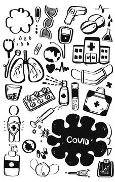 Covid-19 lungs virus vector hand drawn doodles over white background Ilustração Stock
