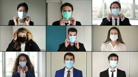 Covid 19 - multiscreen of young managers wearing masks looking at camera Video stock 140738576