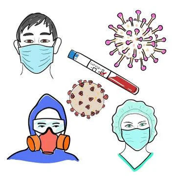 Covid-19 pandemic elements: virus, medical masks, test-tube and protective suit 스톡 일러스트