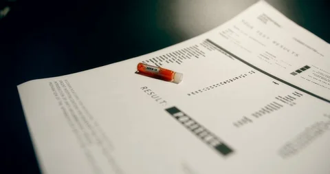 Covid-19 positive analysis report with blood test tube Stock Footage 127590881