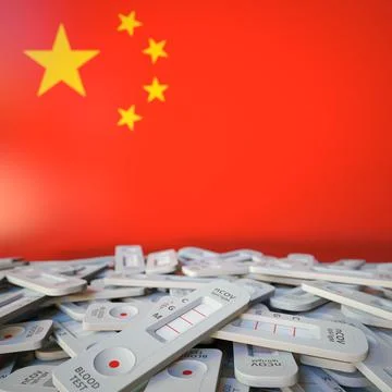 COVID-19 rapid antigen tests and flag of China. Pandemic conceptual 3D rendering Stock Illustration