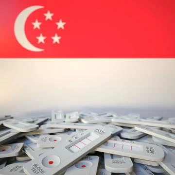 COVID-19 rapid antigen tests and flag of Singapore. Pandemic conceptual 3D Stock Illustration