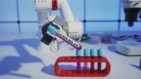 Covid-19 Robot and a test tube with a blood sample for microbiological analys Stock Footage 203452000