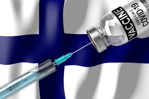 Covid-19, SARS-CoV-2, coronavirus vaccination programme in Finland, vial and  Illustrazione stock