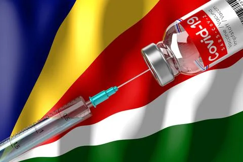 Covid-19, SARS-CoV-2, coronavirus vaccination programme in Seychelles, vial a Stock Illustration