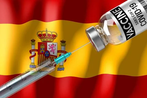 Covid-19, SARS-CoV-2, coronavirus vaccination programme in Spain, vial and sy Ilustração Stock