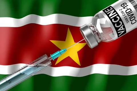 Covid-19, SARS-CoV-2, coronavirus vaccination programme in Suriname, vial and Ilustração Stock