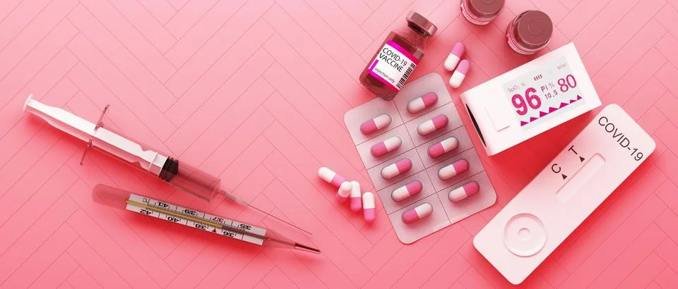 Covid-19 self test kit with vaccine and medicine on pink background. 3d rende Stock Illustration