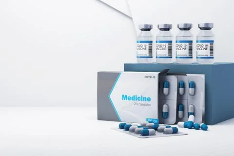 Covid-19 self test kit with vaccine and medicine on white background. 3d rend Stock Illustration