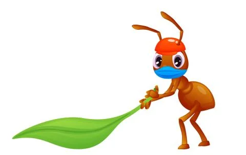COVID 19, a small ant with a face mask is dragging a leaf, cartoon style vector Illustrazione stock