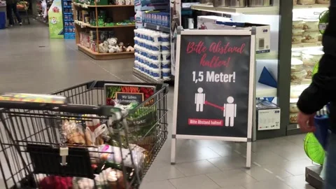 COVID-19 Social Distancing Rules in Berlin Supermarket - March 19, 2020 Stock Footage 340160464