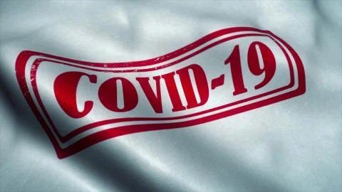 Covid-19 stamp flag waving in the wind. Coronavirus outbreak concept. Stock Photos
