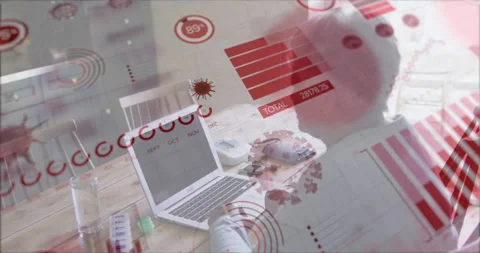 Covid 19 statistical data processing against african american senior woman using Video stock 150223166