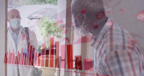 Covid-19 statistical data processing against african american man welcoming male Foto stock