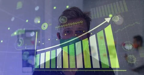 Covid 19 statistical data processing against man adjusting his face mask at.. Stock Photos