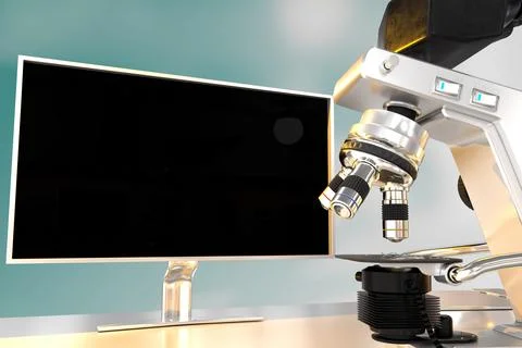 Covid-19 study concept, microscope and monitor on bokeh background Stock Illustration