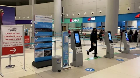 COVID-19 testing centre is seen in Istanbul international airport, Turkey 4K Stock Footage 165400722