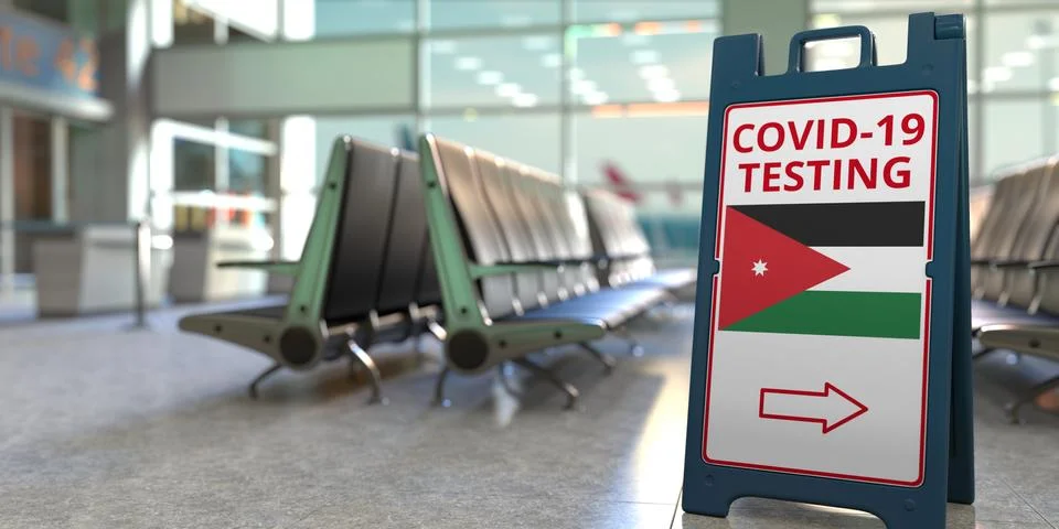 COVID-19 testing text and flag of Jordan on a sandwich board sign in the airport Stock Illustration