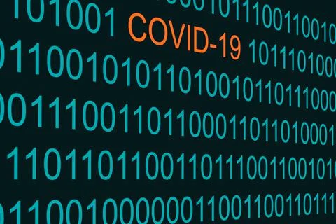 COVID-19 text on a binary wall with lots of numbers 写真素材