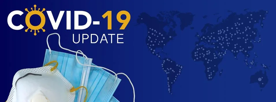 Covid 19 update text with masks on blue background map. Stock Photos