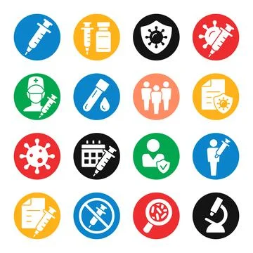 Covid-19 vaccination program colourful vector icon set. Stock Illustration