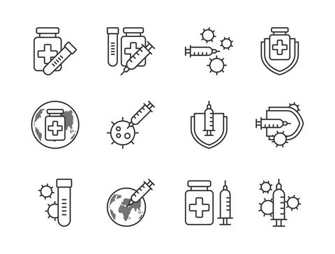 Covid-19 vaccine icon set outline style.  Sign and symbol for websit, print,  Stock Illustration