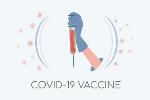 Covid-19 vaccine vector flat banner template. Hand in medical gloves holding Stock Illustration