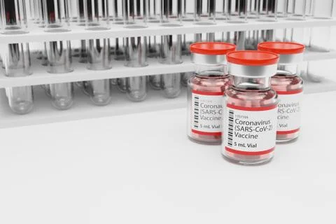 COVID-19 Vaccine vials in front of rack of test tubes 3D rendering Stock Illustration