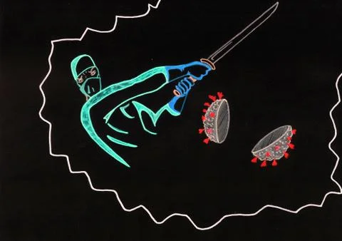 The covid-19 virus is cut in two by a doctor Stock Illustration