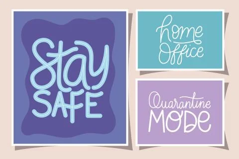 Covid 19 virus lettering frames set vector design Illustrazione stock