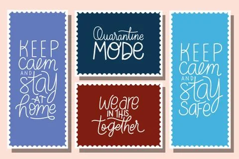 Covid 19 virus lettering frames set vector design Illustrazione stock
