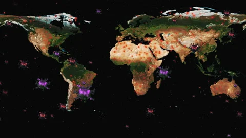 Covid-19 virus report broadcasting introduction with map and virus floating all Stock Footage 132841676