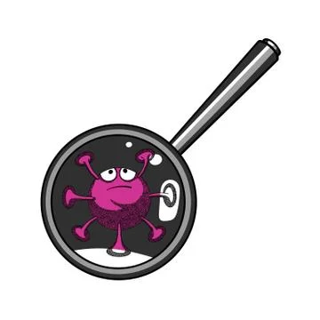 COVID-19. Virus under the microscope. Funny cartoon character Illustrazione stock
