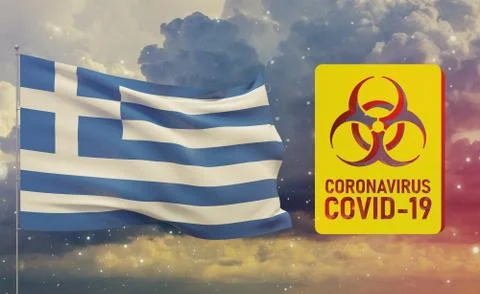 COVID-19 Visual concept - Coronavirus COVID-19 biohazard sign with flag of Illustrazione stock