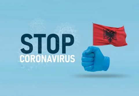 COVID-19 Visual concept - hand-text Stop Coronavirus, hand-gesture versus virus Stock-Illustration