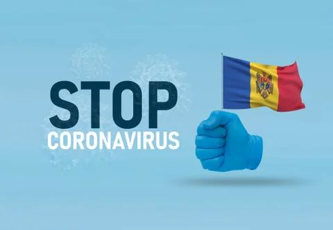 COVID-19 Visual concept - hand-text Stop Coronavirus, hand-gesture versus virus Ilustração Stock