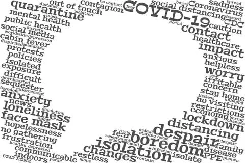 COVID-19 Word cloud that forms a blank speech bubble, invites discussion Stock Illustration