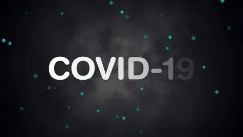 Covid-19 is written in the middle of the screen and at the bottom there are some Stockbeeldmateriaal 127206870