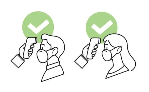 Covid body temperature check-Man and woman wearing ffp2 kn95 masks Stock Illustration