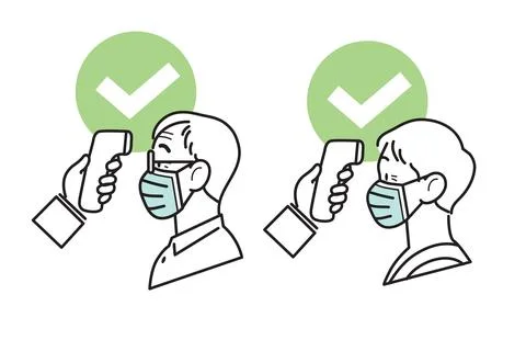 Covid body temperature check- Old man and woman wearing surgical masks Illustrazione stock