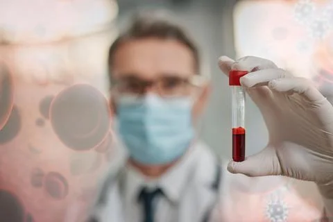 Covid, doctor and blood test overlay for medicine, healthcare and virus testing Stock Photos