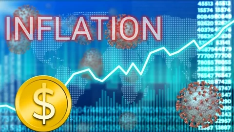 Covid inflation on blue moving graph line and dollar coin. Stock Footage 229537657